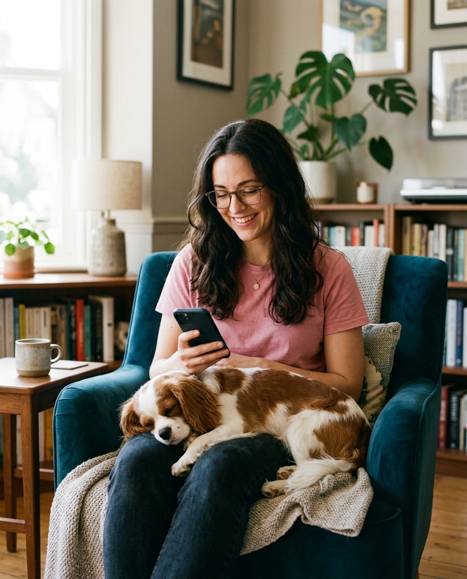 Une femme sourit en regardant son téléphone, un cavalier king charles endormi sur ses genoux