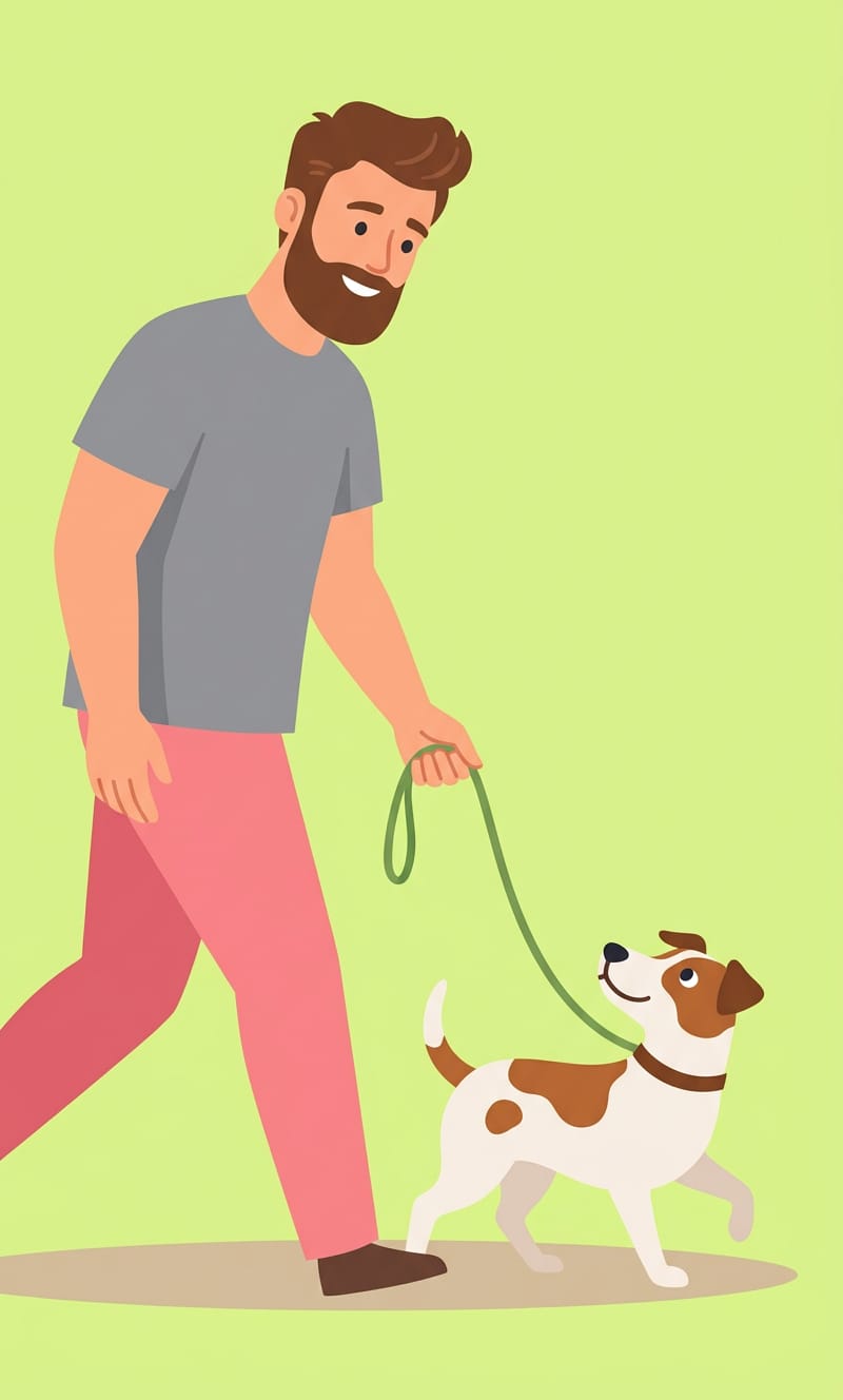 Illustration : un homme barbu promène un petit chien tenu en laisse verte