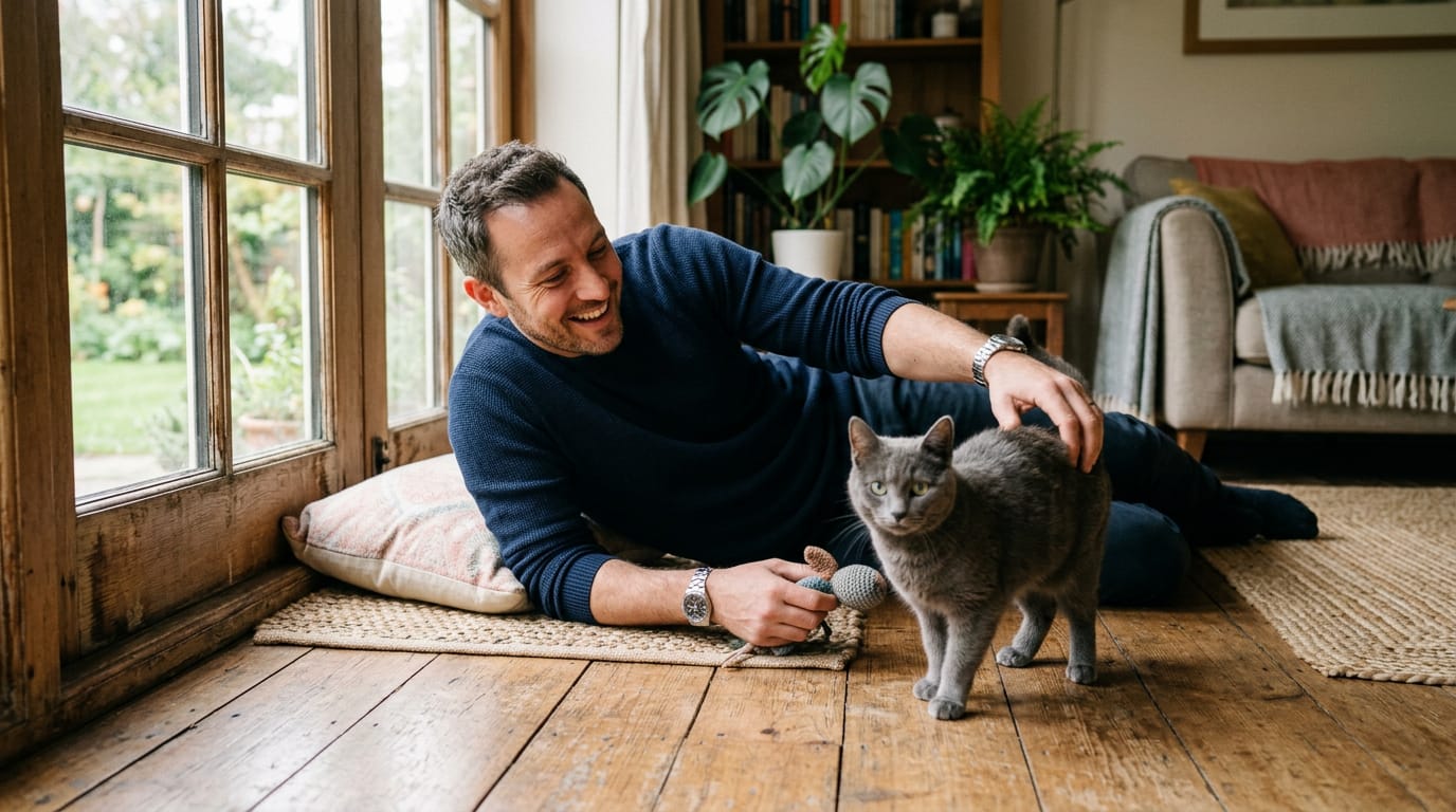 Un homme allongé sur le parquet joue avec un chat gris