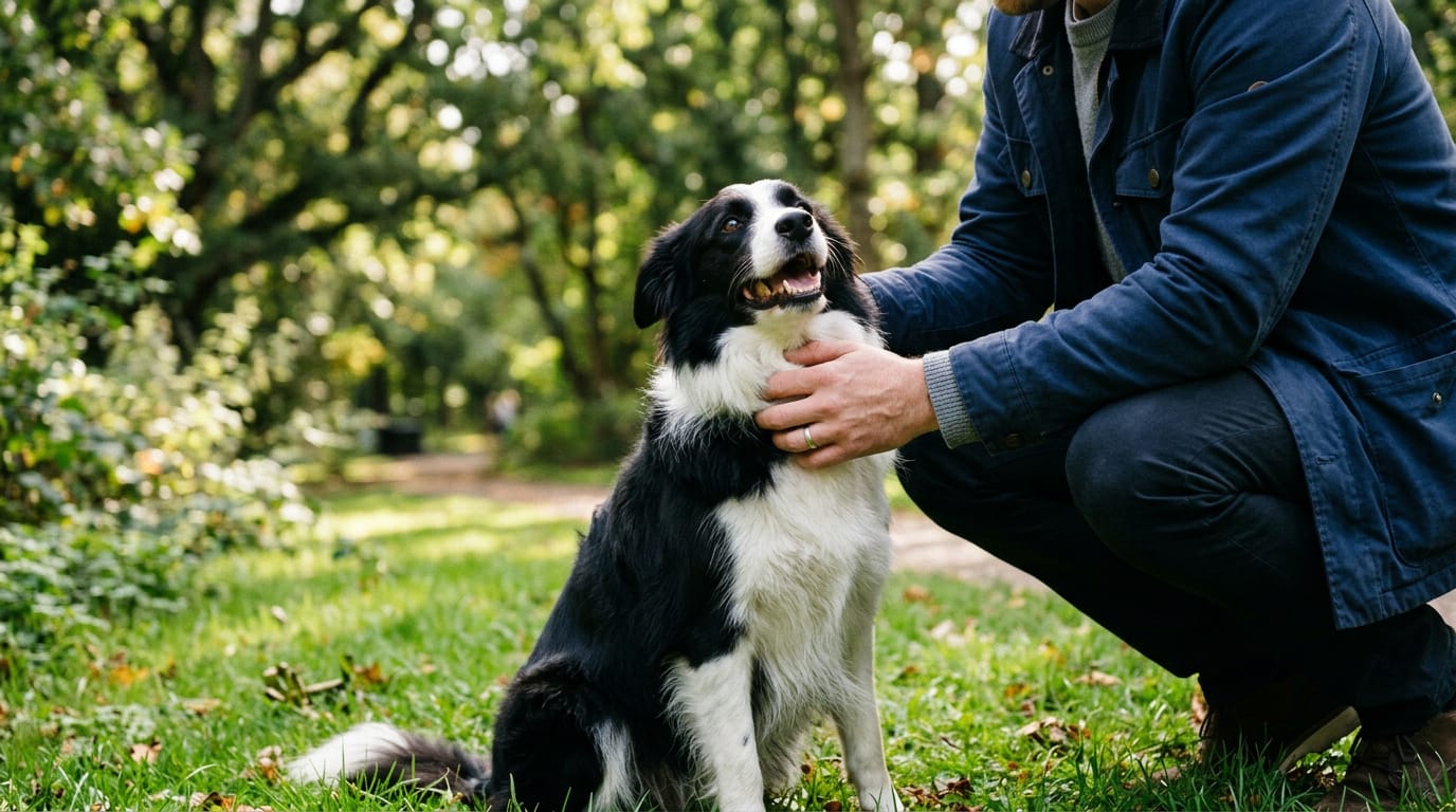 Un homme accroupi caresse un border collie assis dans l’herbe