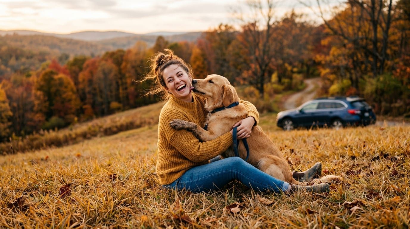 Une femme rit en serrant un golden retriever dans l’herbe d’automne